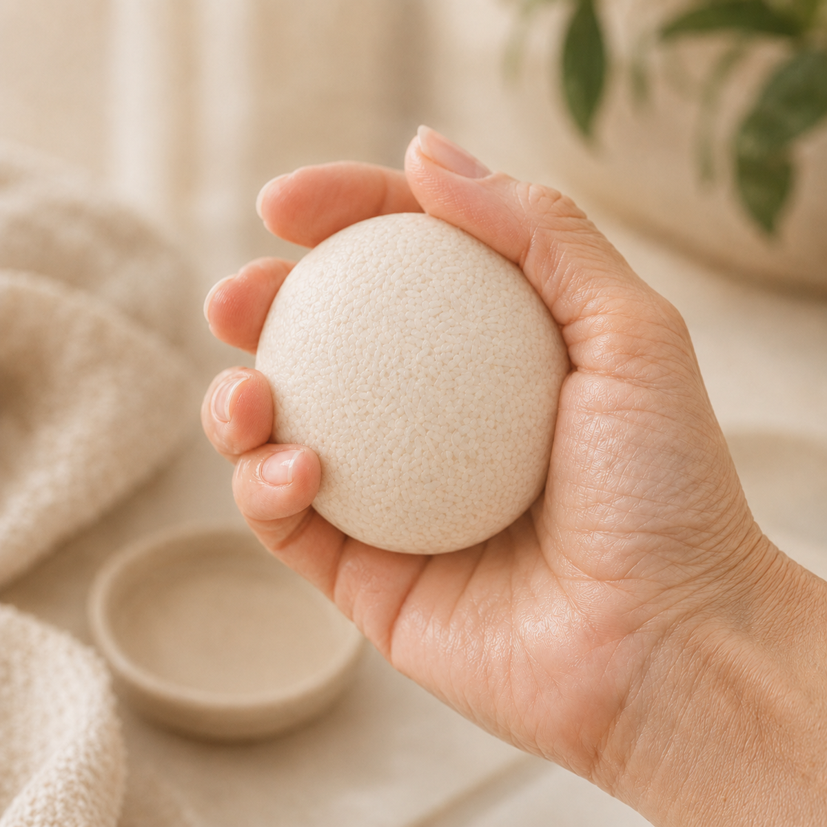 Hand holding the rice water shampoo bar