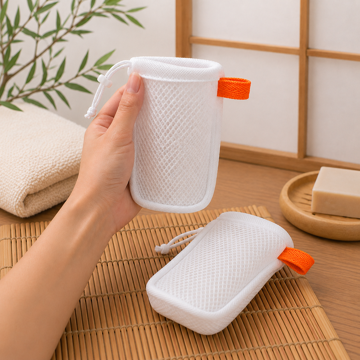 Hand holding an exfoliating mesh soap bag