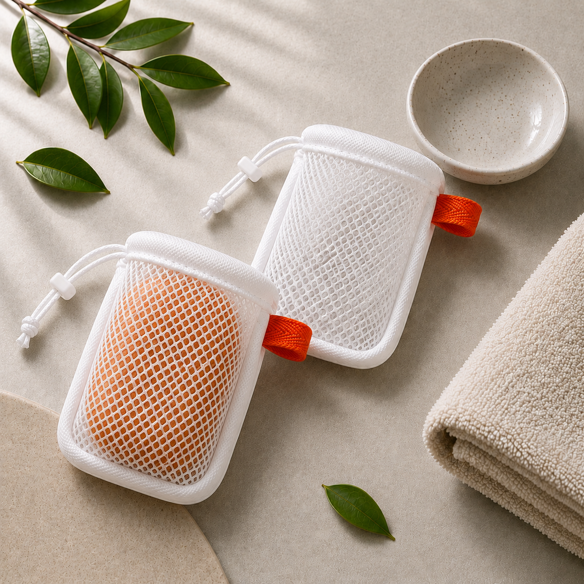 Two exfoliating soap bags, one holding a soap bar