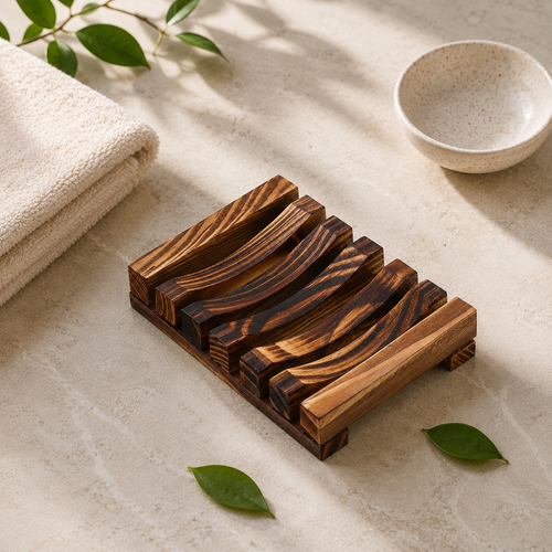 Bamboo slatted soap dish on a bathroom counter