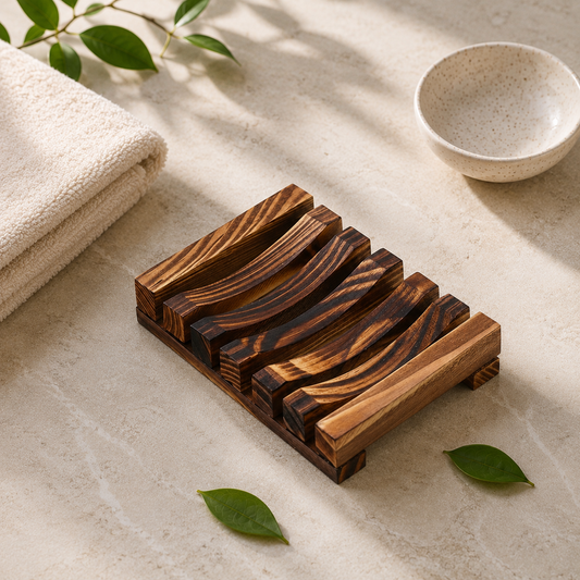 Bamboo slatted soap dish on a bathroom counter