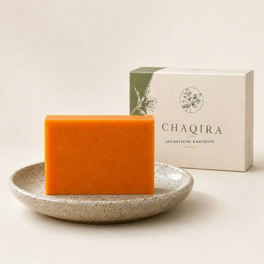 CHAQIRA Kaki-Seife auf Keramikschale neben der Verpackung