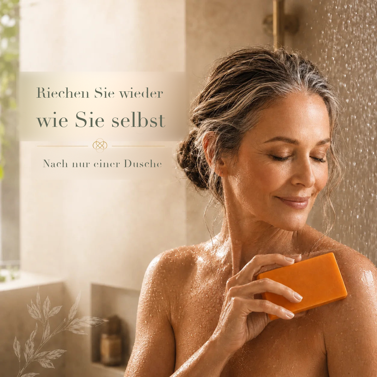 Frau benutzt die Kaki-Seife unter der Dusche