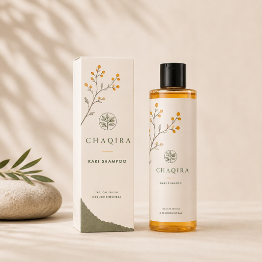 CHAQIRA Kaki Shampoo Flasche und Verpackung