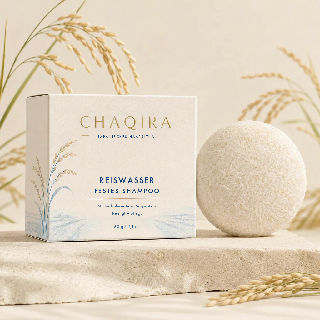 CHAQIRA Reiswasser Festes Shampoo Verpackung und Stück